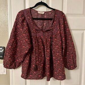 Lucky Brand Red Floral Peasant Flowy Top